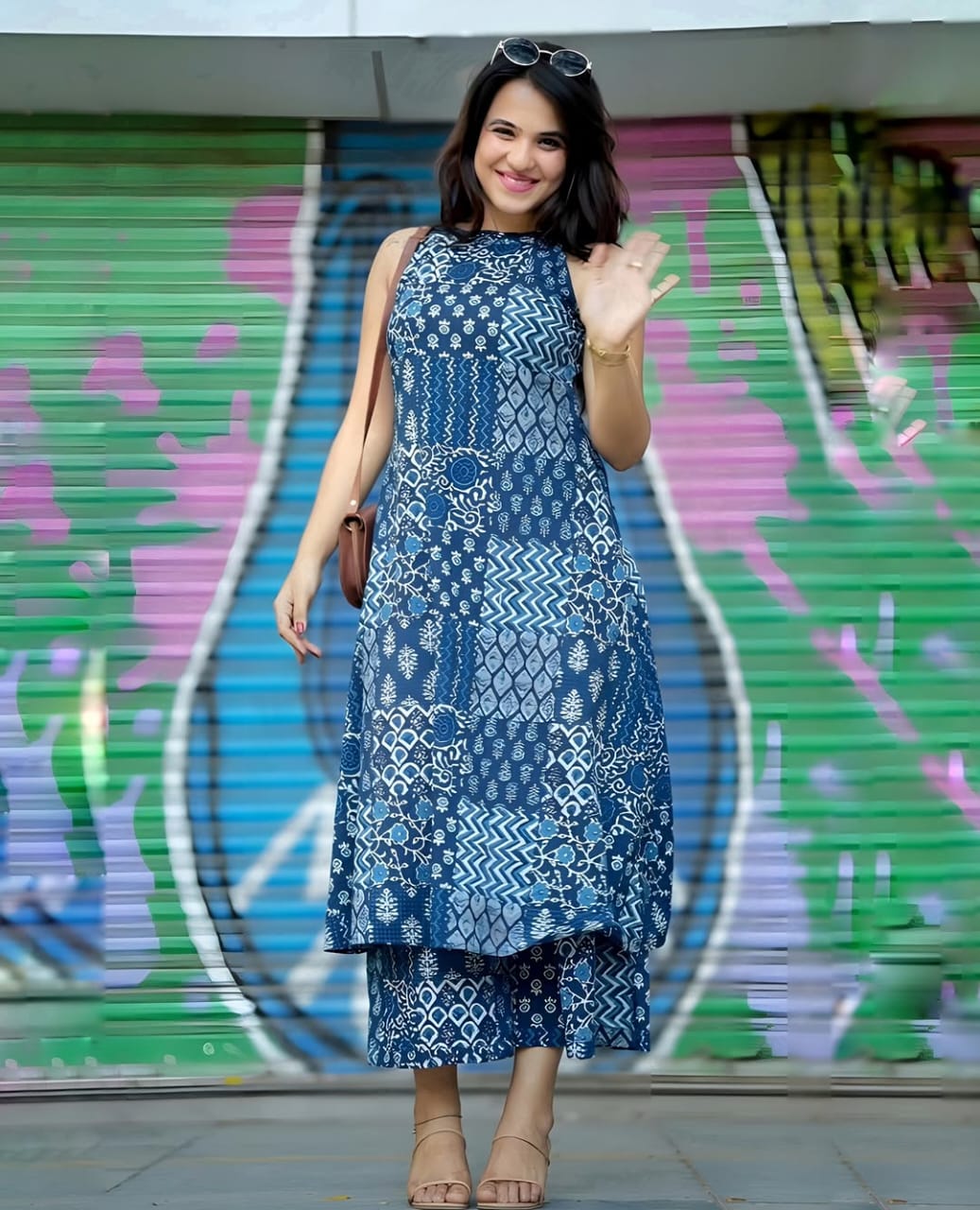 Indigo Blue Cotton Patchwork Print Sleeveless Kurta And Pant Set For Women