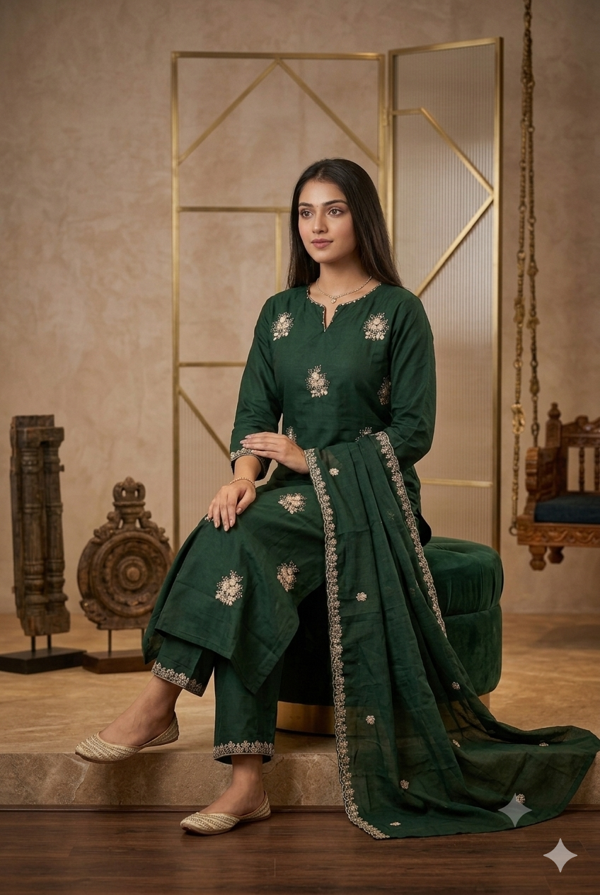 Regal Deep Green Silk Kurta Set with Zari Embroidery, Pant & Scalloped Dupatta