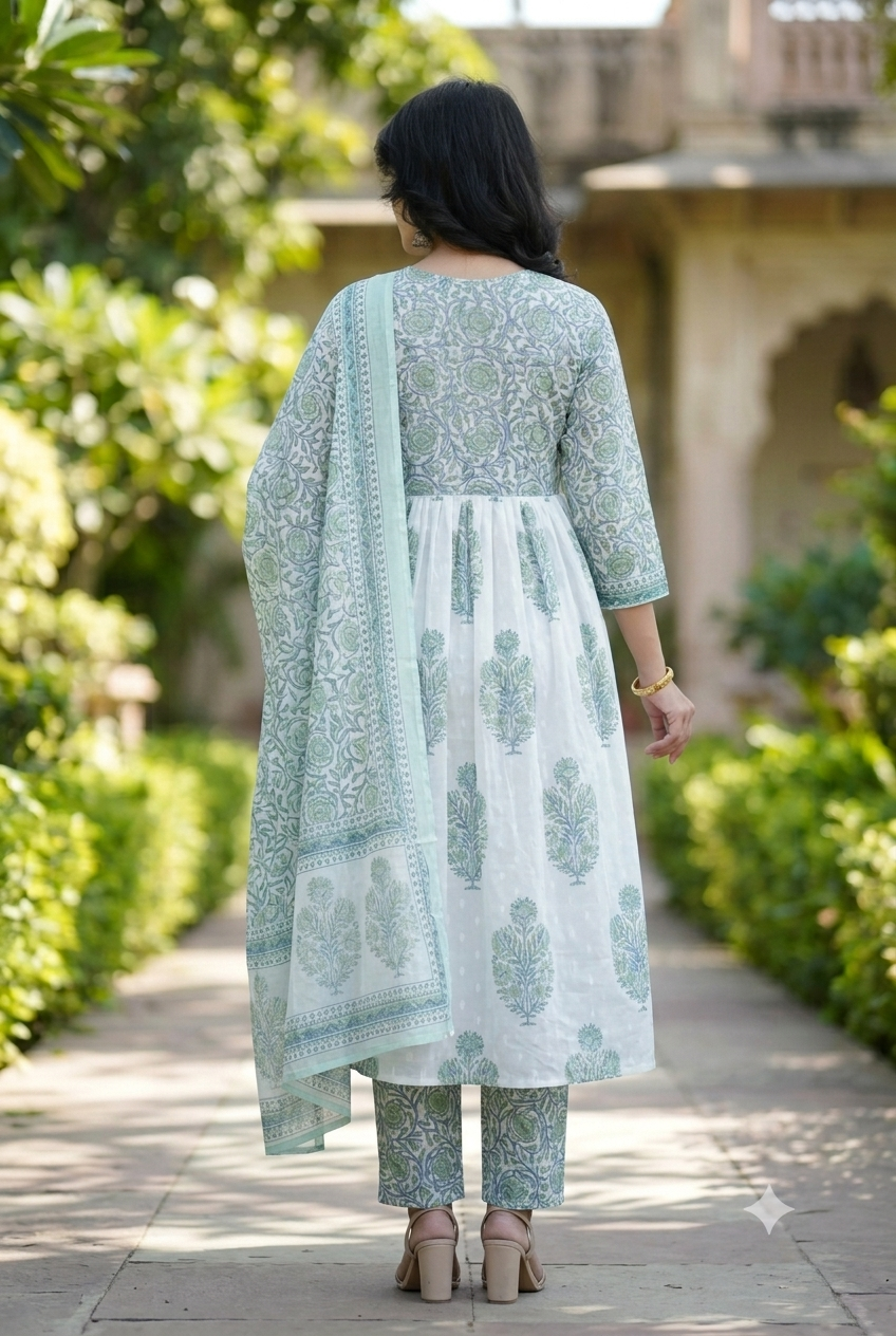 Elegant White & Mint Green Floral Printed Cotton Anarkali Kurta Set with Pant and Dupatta