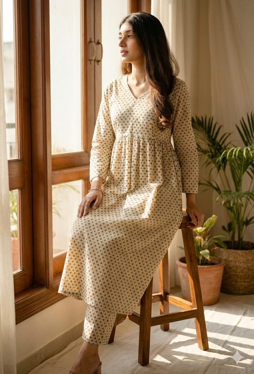 Beige Cotton Motif Print Kurta And Pant Set For Women