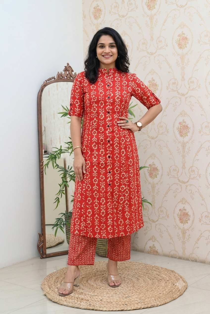 Red Cotton Printed Straight Kurta with Pant Set