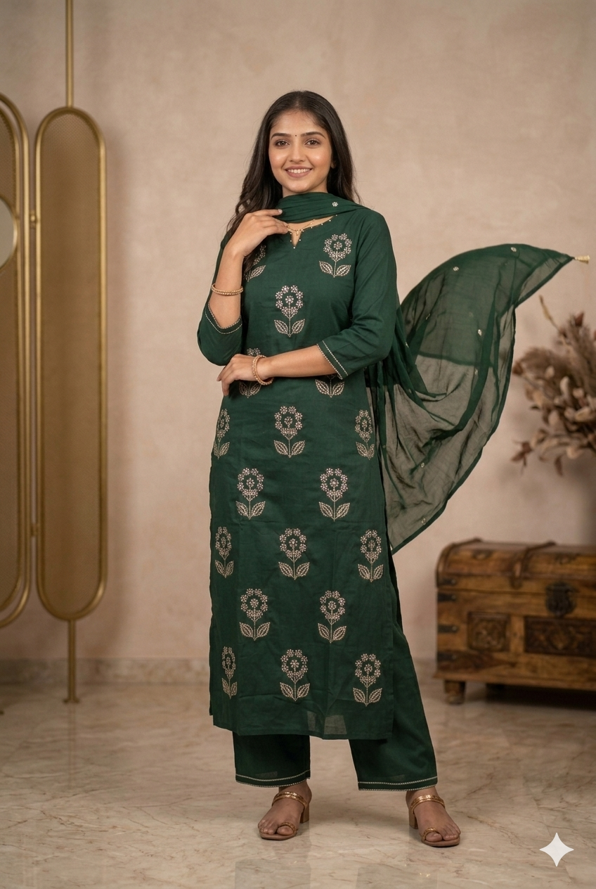Elegant Bottle Green Floral Embroidered Kurta Set with Pant & Dupatta