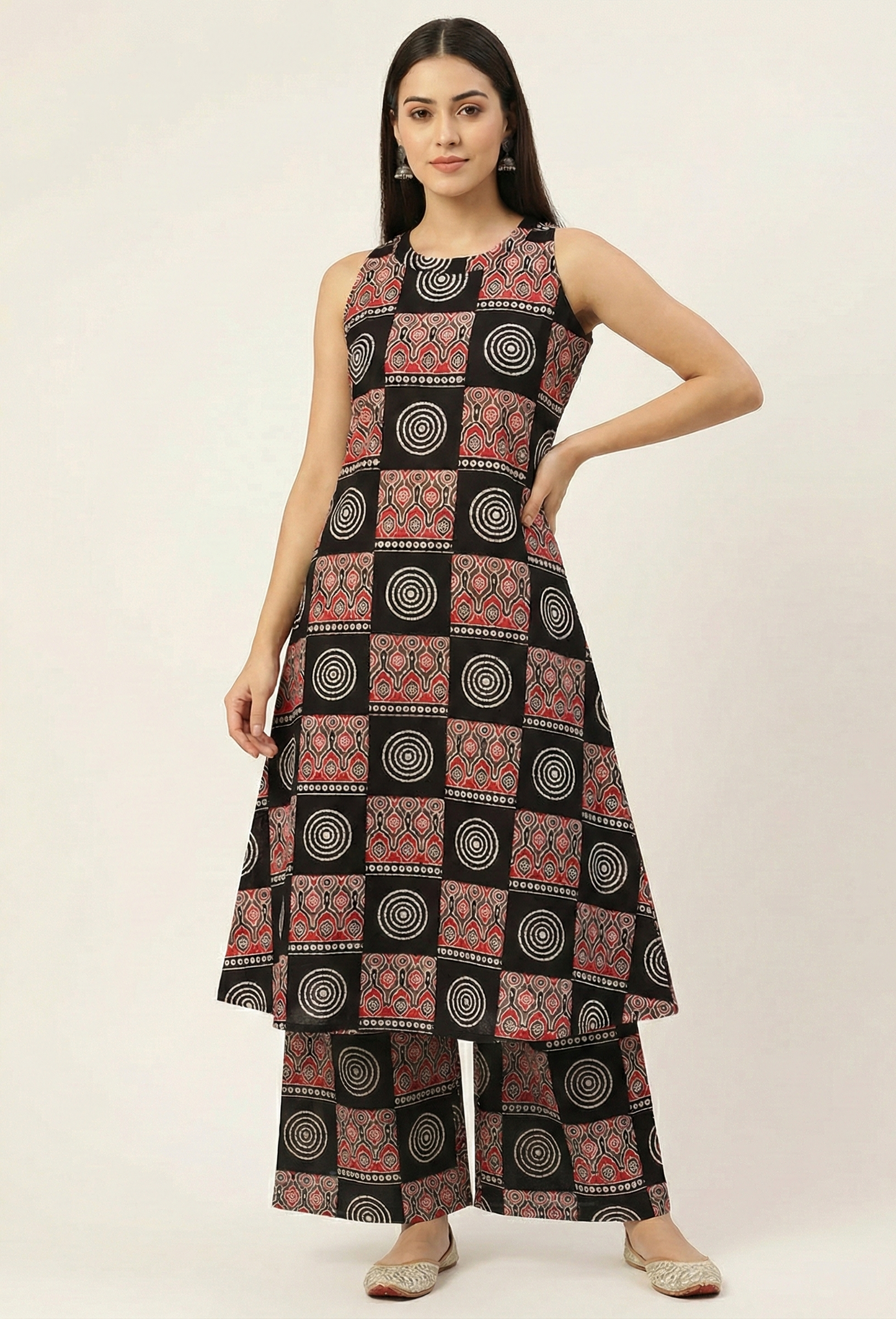 Black & Red Cotton Geometric Block Print Sleeveless Kurta with Palazzo Set For Women