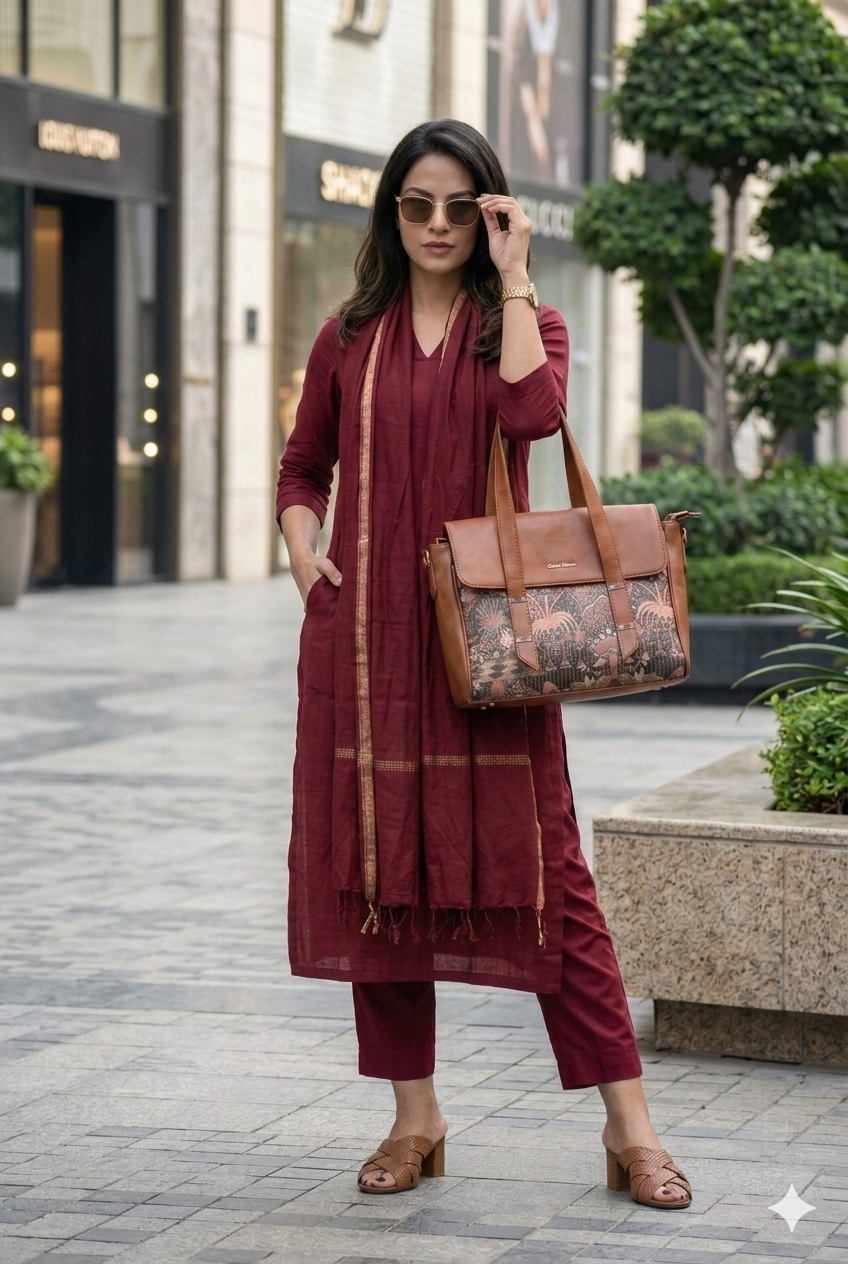 Regal Maroon Pure Cotton Co-Ord Set with Golden Zari Embroidered Borders