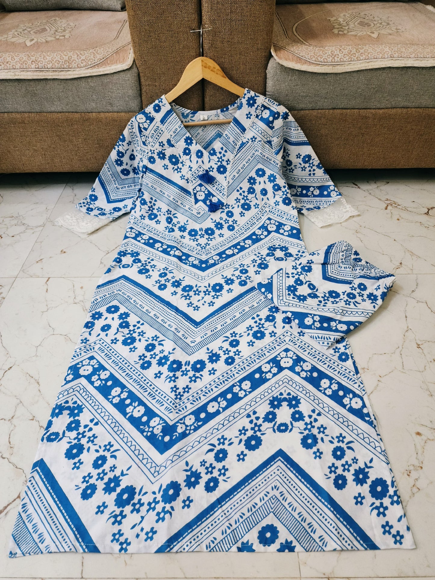 Elegant Blue and White Floral Printed Kurta Set with Lace Details - 2 Piece Co-Ord Set for Women