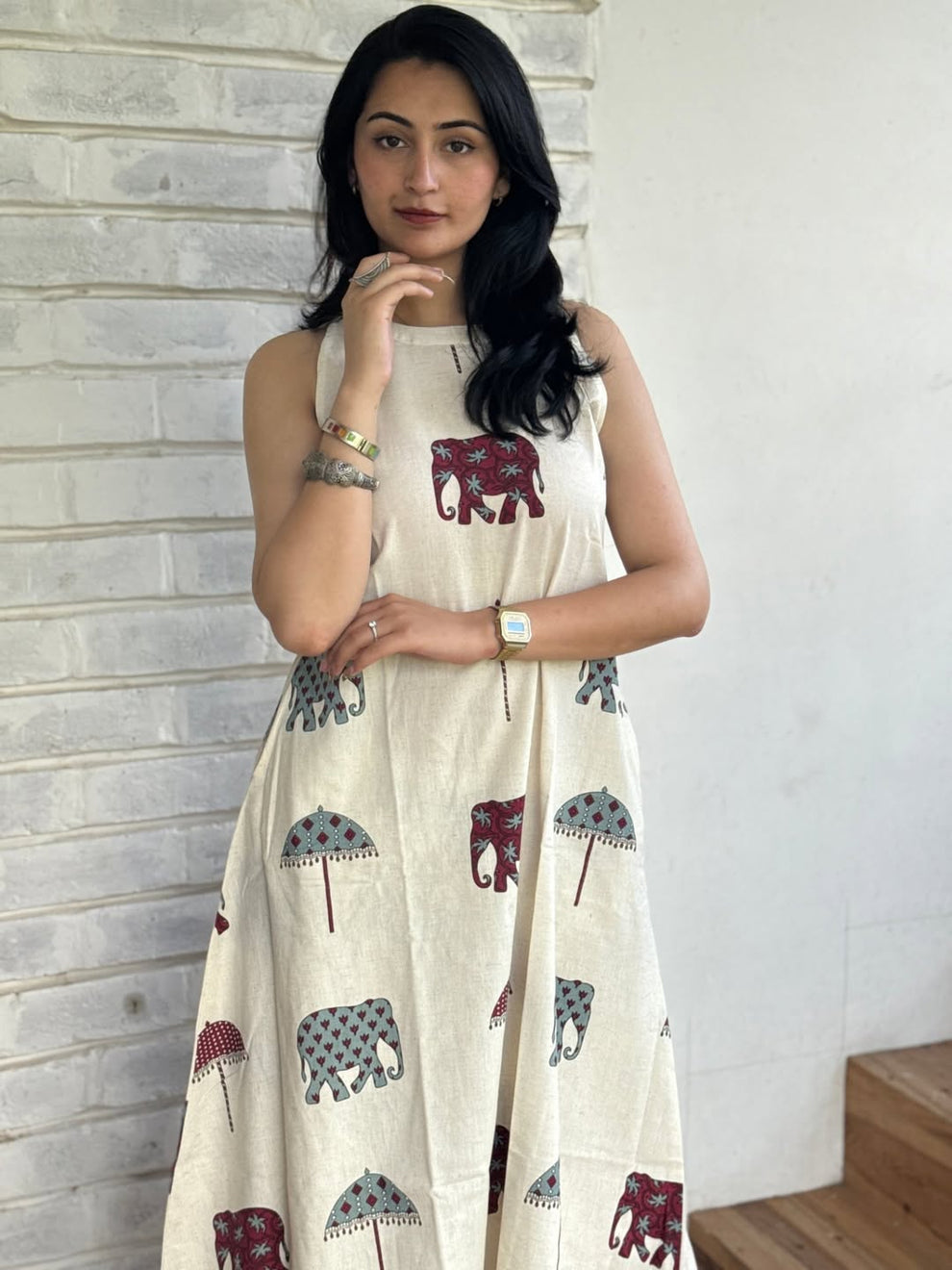 Off-White Cotton Elephant Print Sleeveless A-Line Kurta with Palazzo Set For Women