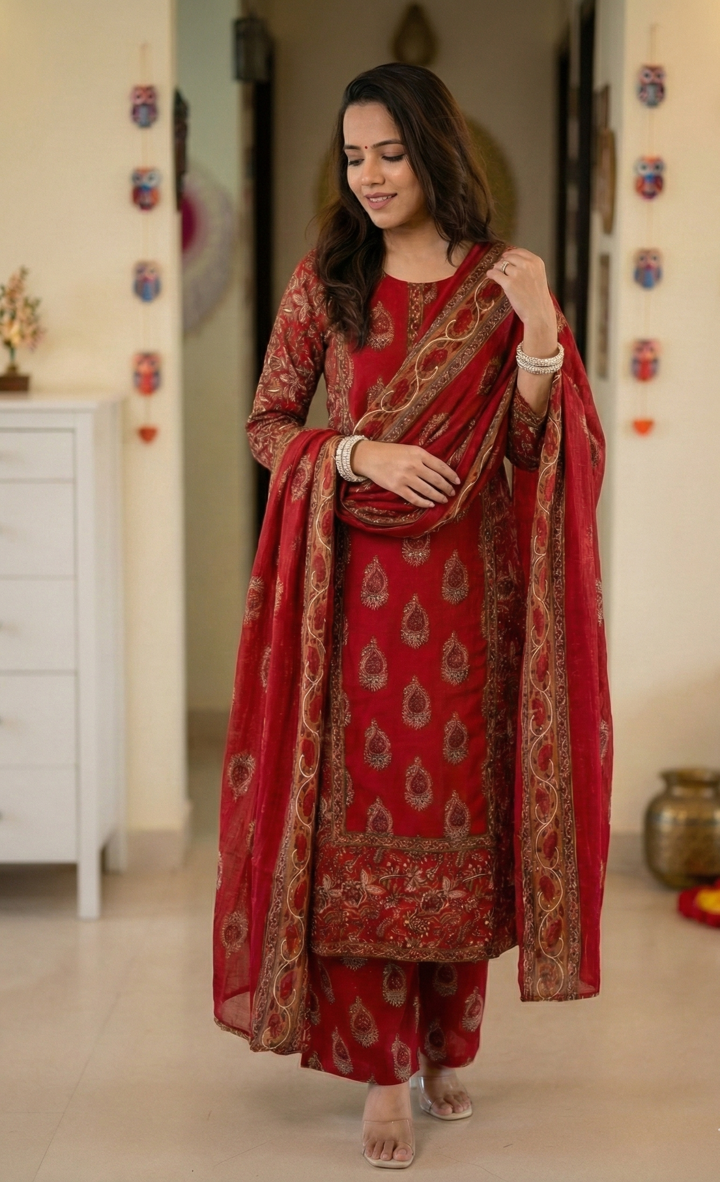 Red And Gold Cotton Block-Printed Traditional Kurta Pant Set with Dupatta For Women