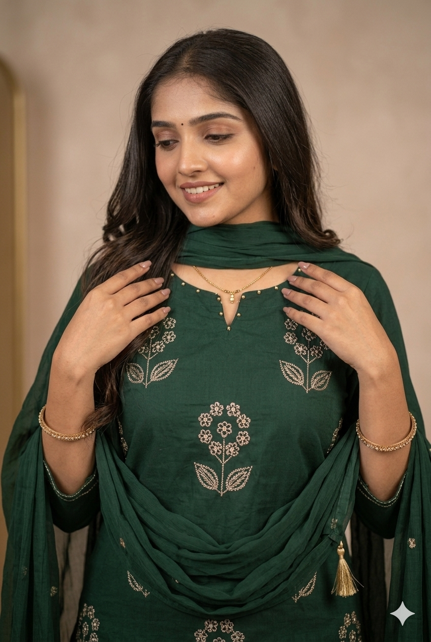 Elegant Bottle Green Floral Embroidered Kurta Set with Pant & Dupatta