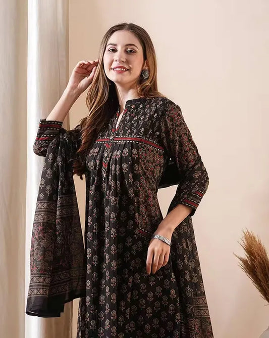 Dark Brown Cotton Floral Print Flared Kurta Pant with Dupatta Set For Women