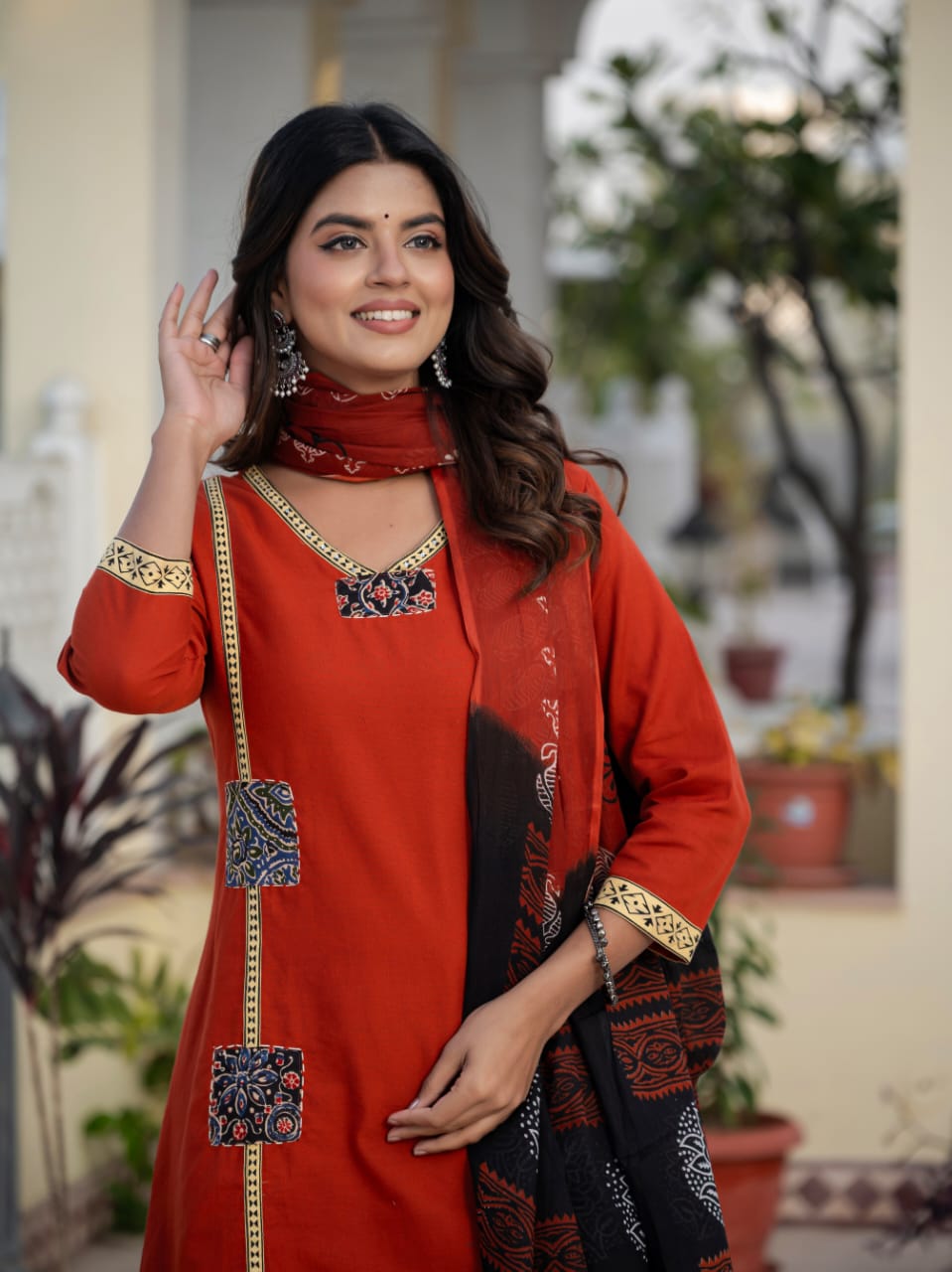 Classic Orange Cotton Patch Detailing Kurta Set with Dupatta For Women
