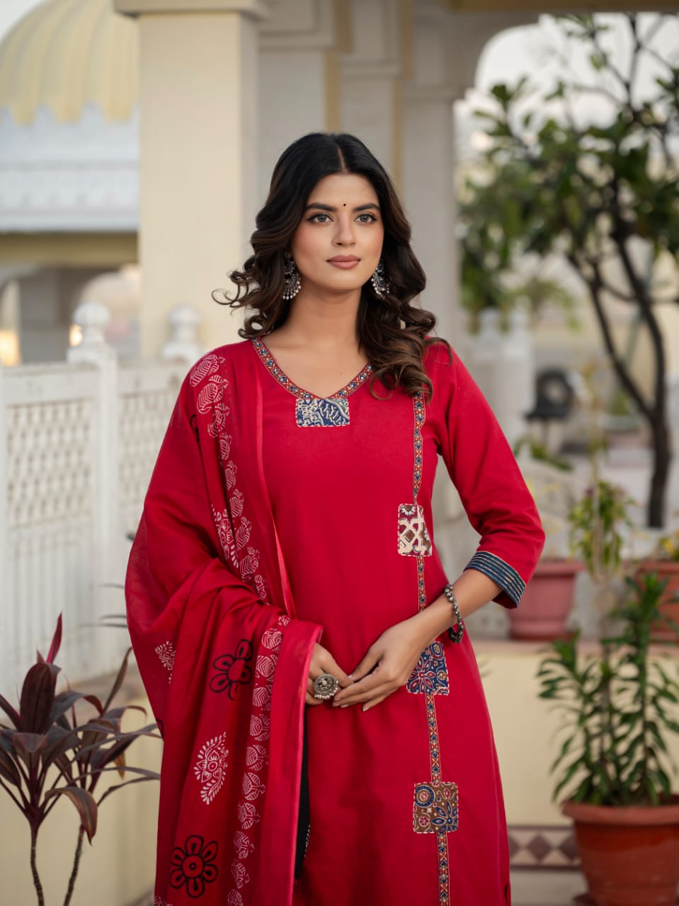 Classic Red Cotton Patch Detailing Kurta Set with Dupatta For Women