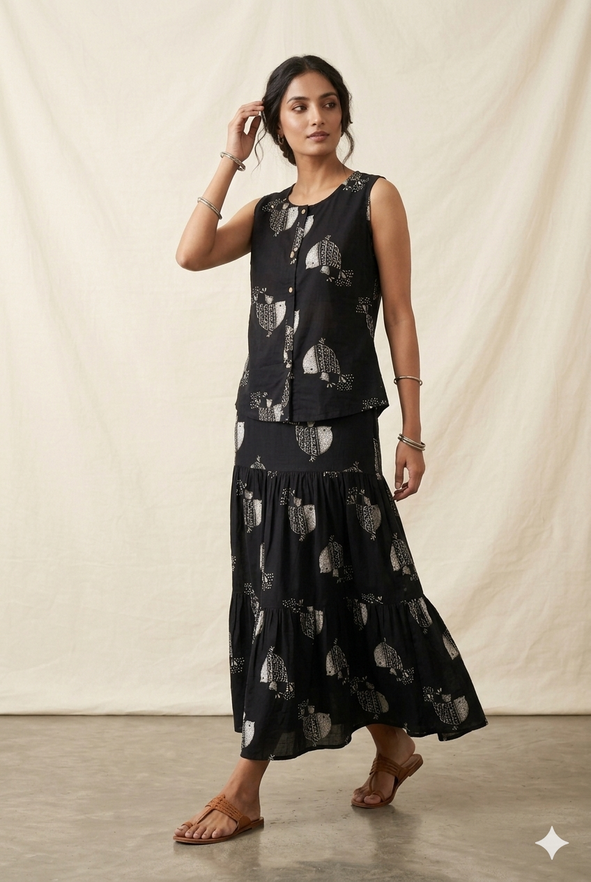 Midnight Block-Print Tiered Co-ord Set