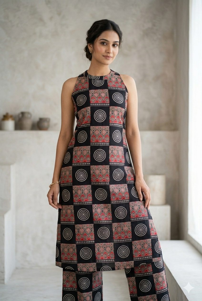 Women's Cotton Ajrakh Print Sleeveless Kurta and Palazzo Set - Black