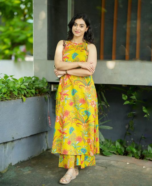 Yellow Cotton Floral Print Sleeveless Kurta And Pant Set For Women
