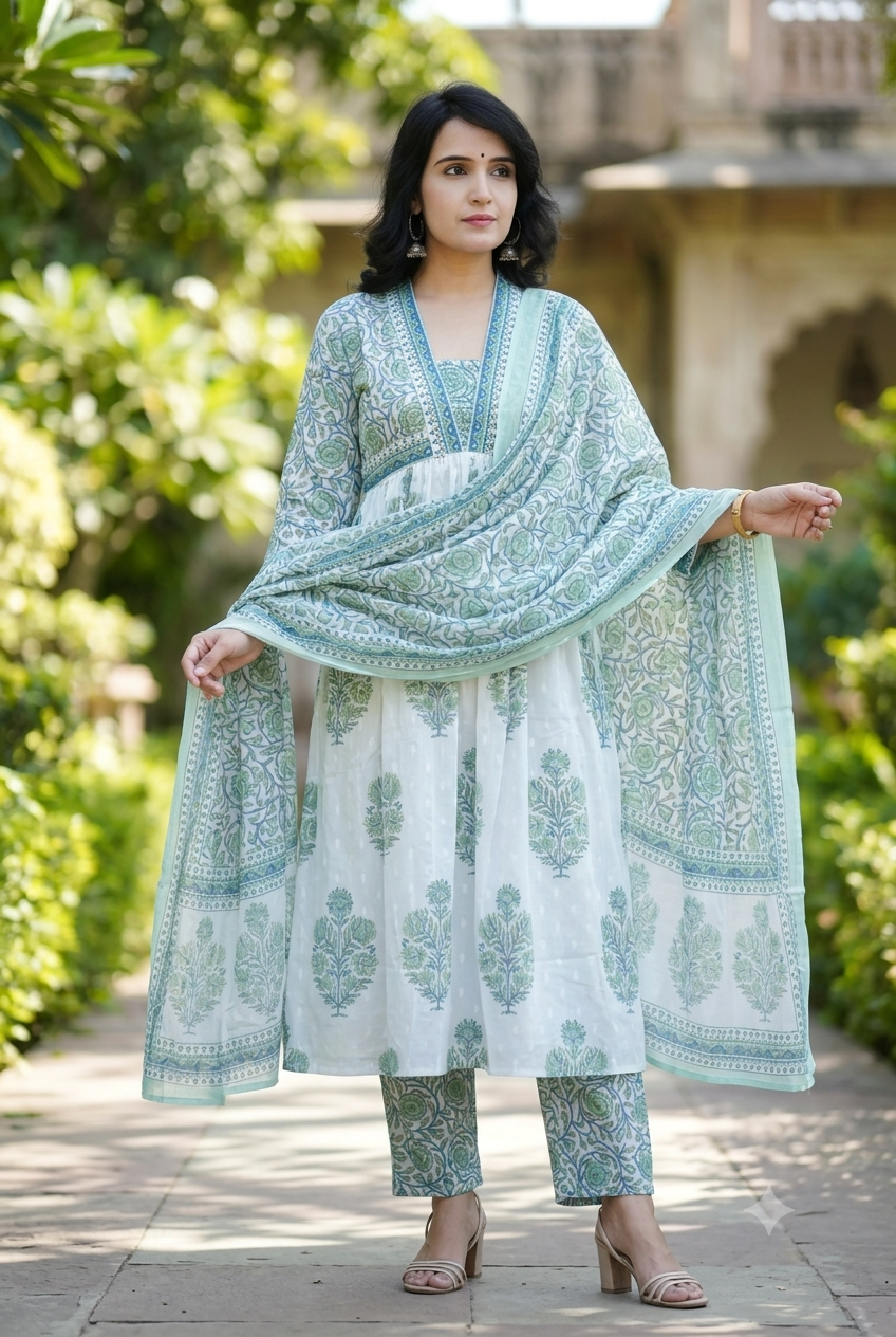Elegant White & Mint Green Floral Printed Cotton Anarkali Kurta Set with Pant and Dupatta