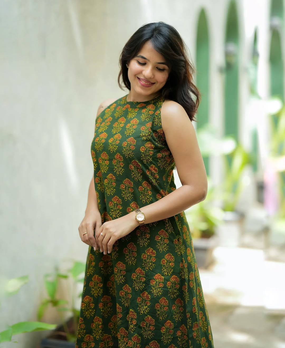 Forest Green Cotton Floral Print Sleeveless Kurta & Palazzo Co-ord Set For Women