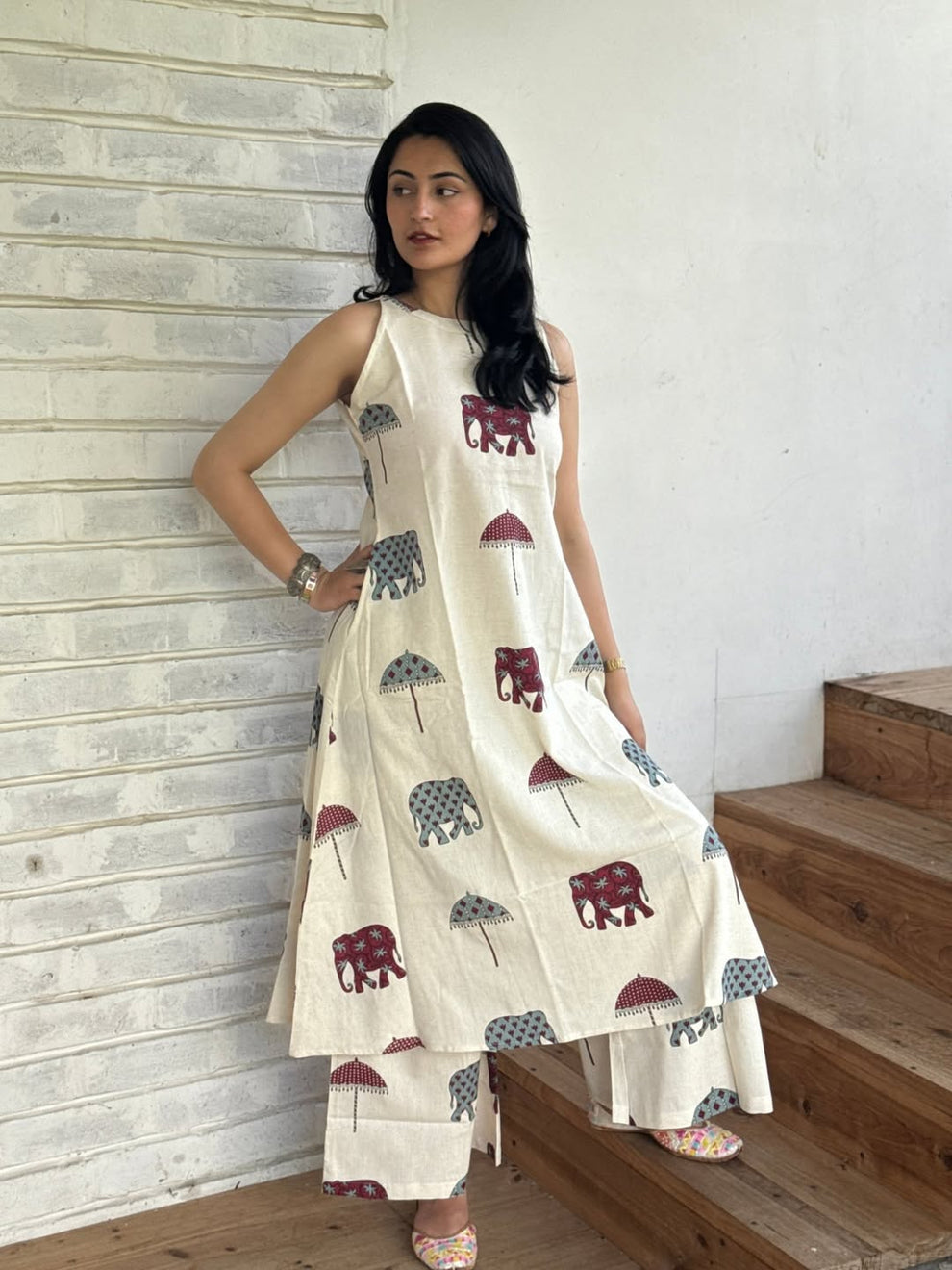 Off-White Cotton Elephant Print Sleeveless A-Line Kurta with Palazzo Set For Women