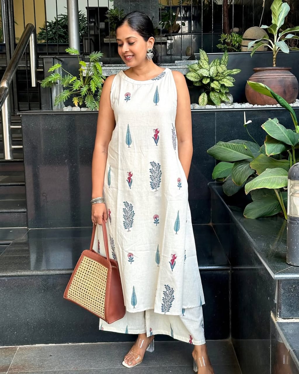 Off-White Cotton Floral Block Print Kurta Pant Set For Women
