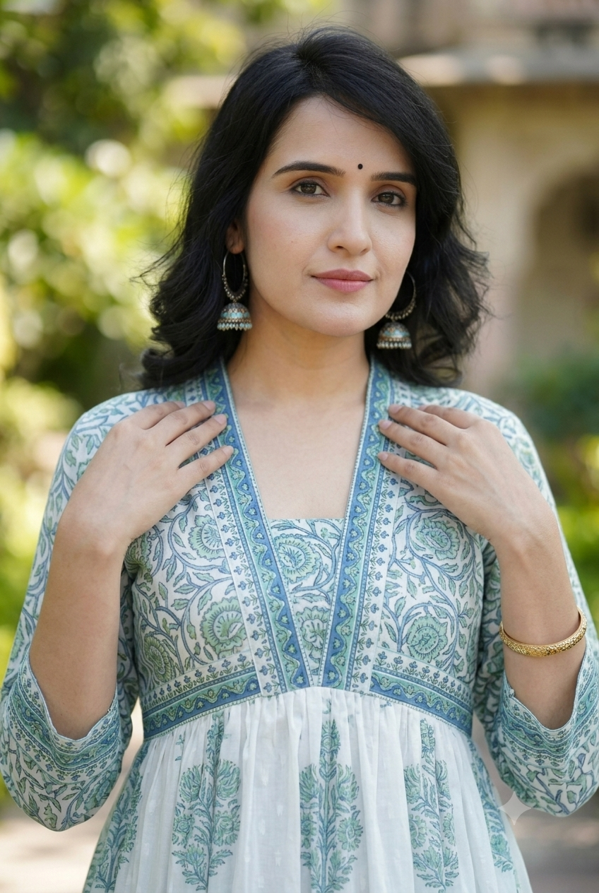 Elegant White & Mint Green Floral Printed Cotton Anarkali Kurta Set with Pant and Dupatta