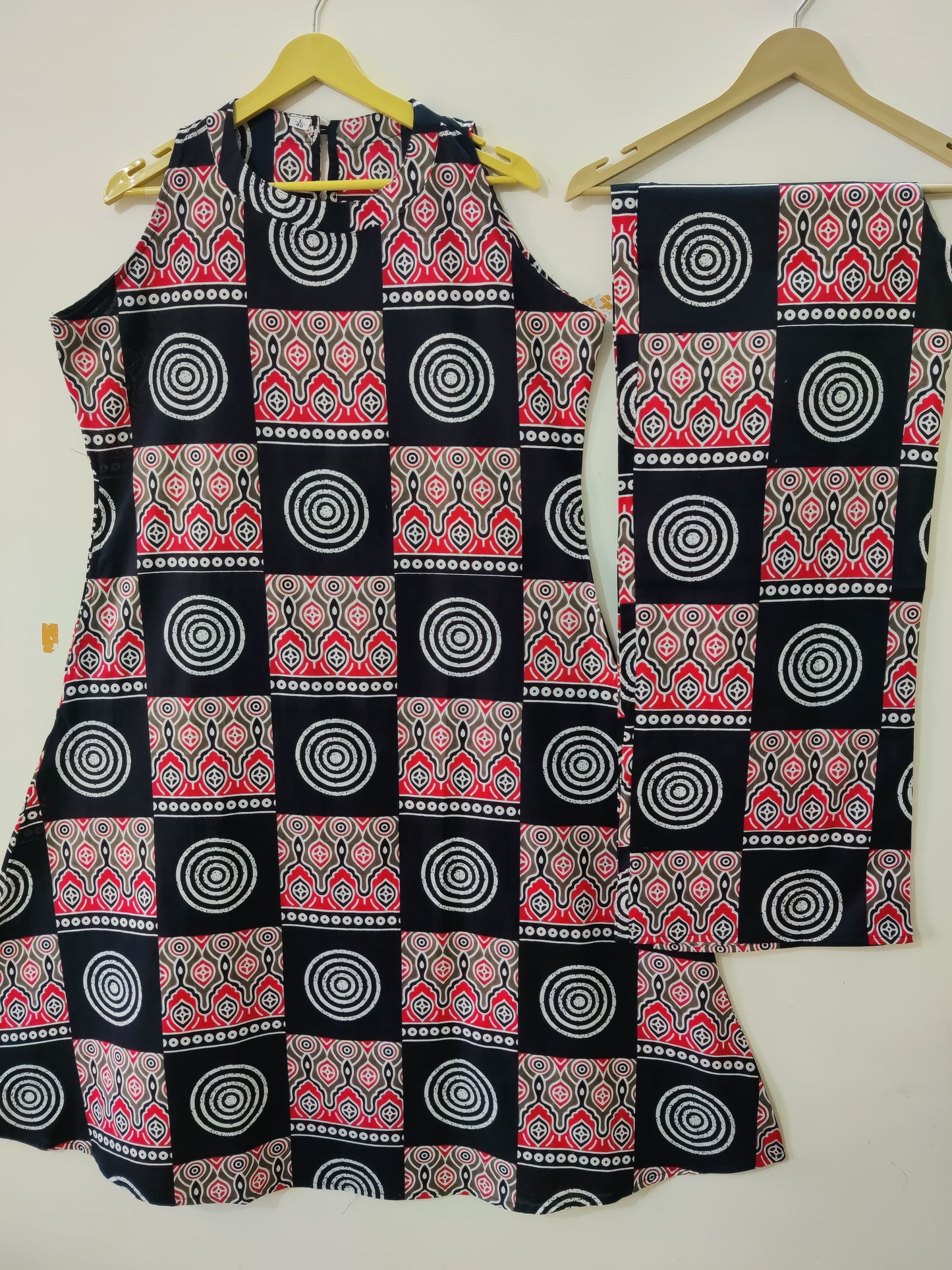 Women's Cotton Ajrakh Print Sleeveless Kurta and Palazzo Set - Black