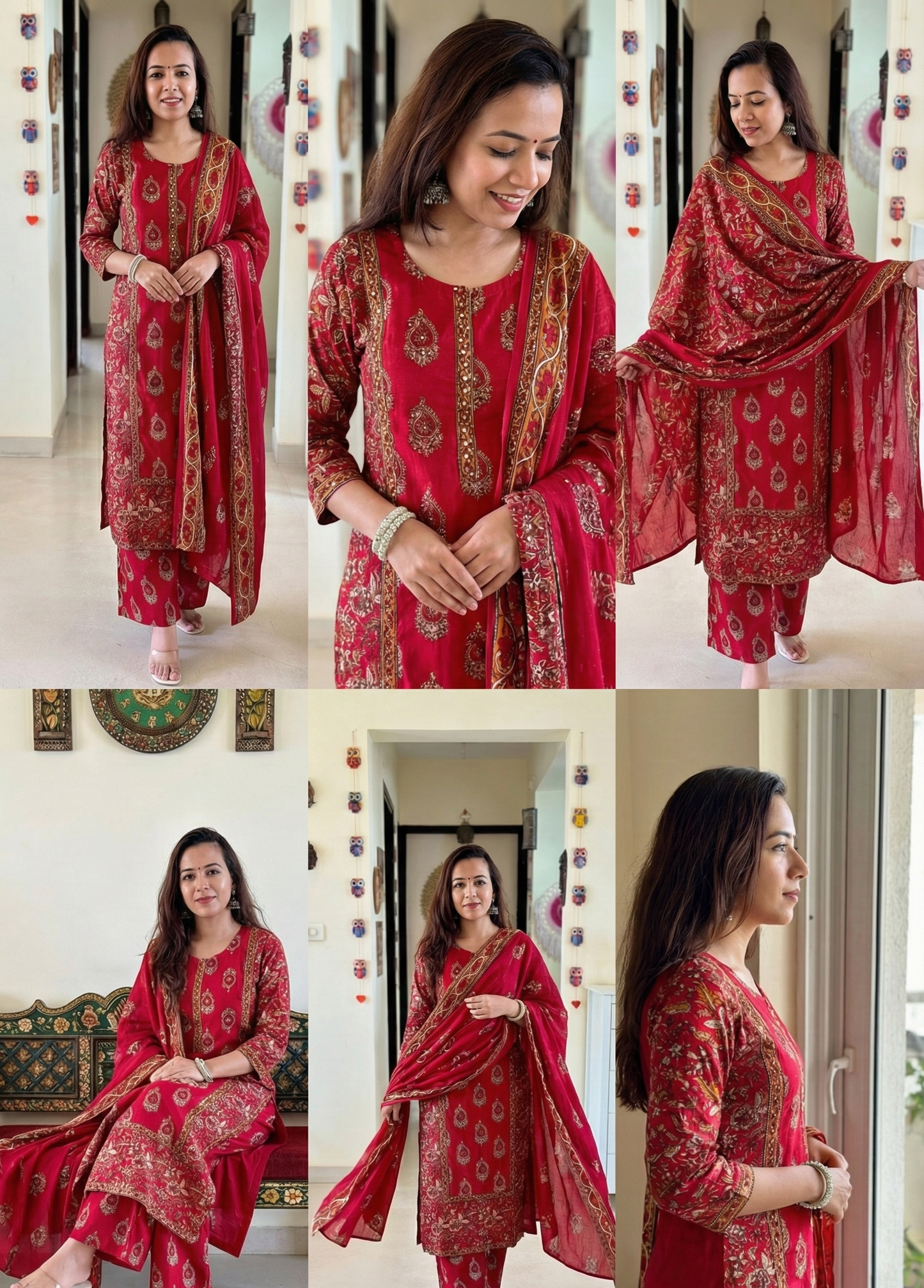 Red And Gold Cotton Block-Printed Traditional Kurta Pant Set with Dupatta For Women