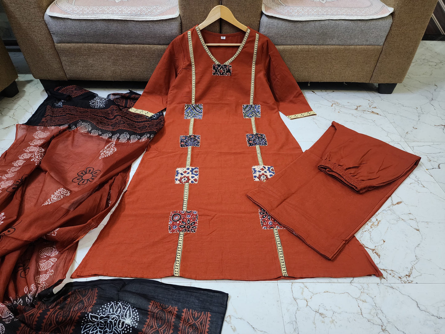 Classic Orange Cotton Patch Detailing Kurta Set with Dupatta For Women