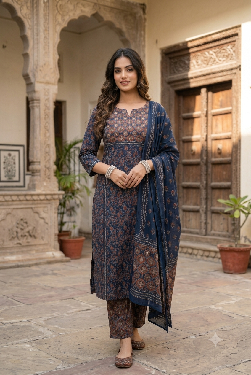 Classic Indigo Navy & Terracotta Block Print Cotton Suit Set with Embroidered Juttis & Bangles