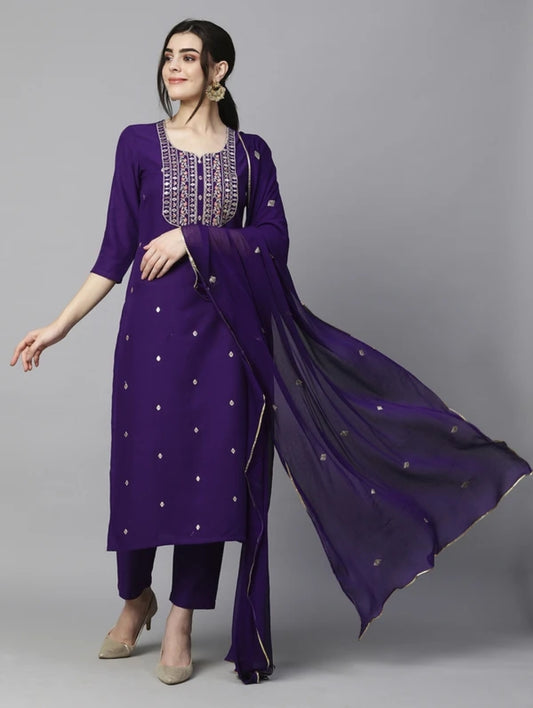 Women's Beautiful Embroidery Rayon Kurta Pant & Dupatta Set
