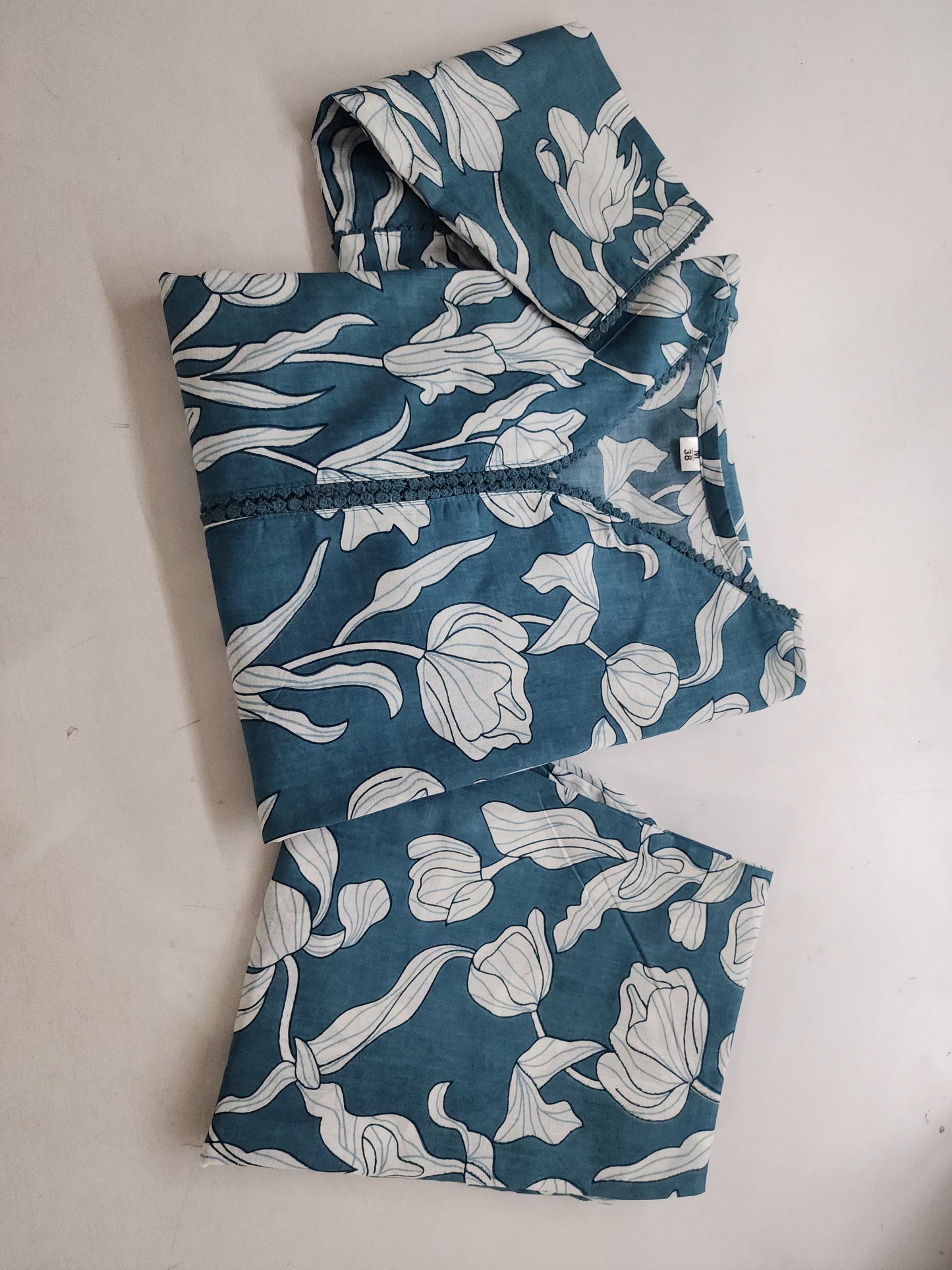 Blue Floral Vine Print Kurta Pant Set with Lace Detail For Women