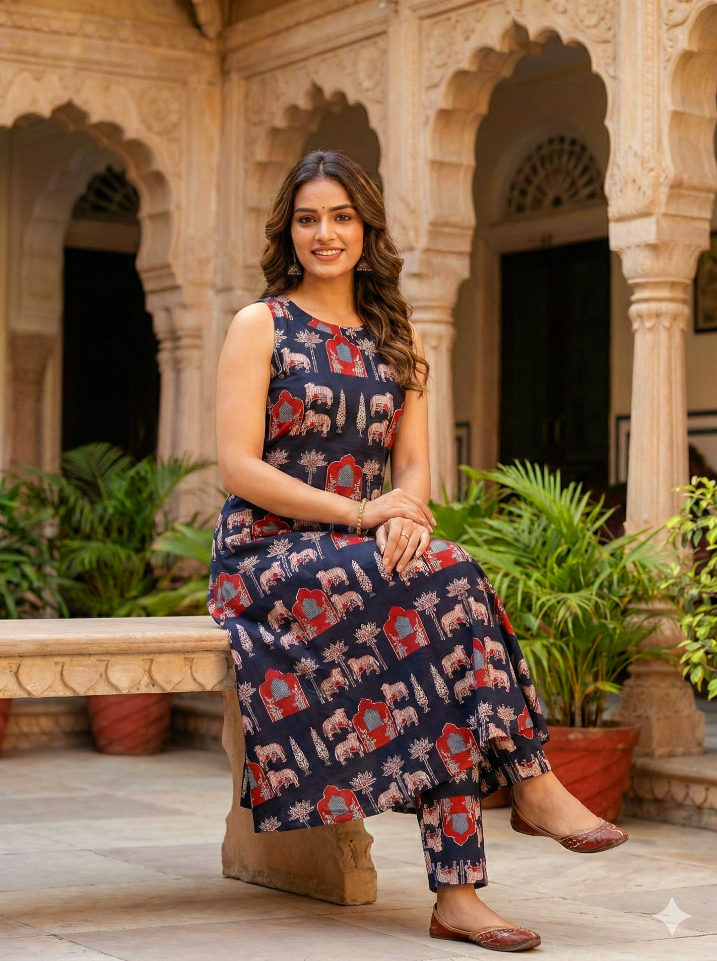 Black Cotton Sleeveless Ethnic Elephant Print Kurta with Pant Set For Women