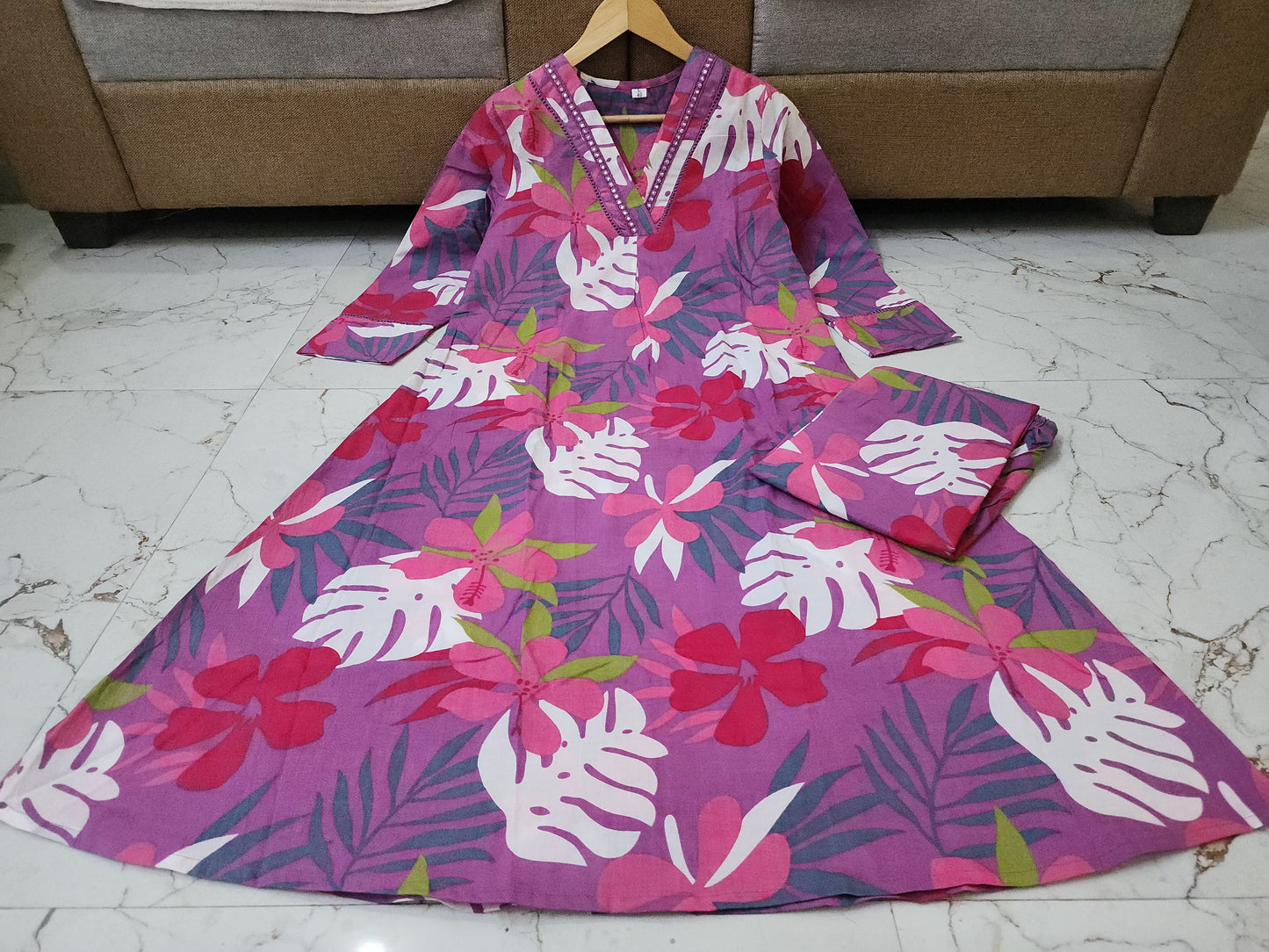 Lavender Tropical Floral Print Cotton Kurta with Pant Set For Women