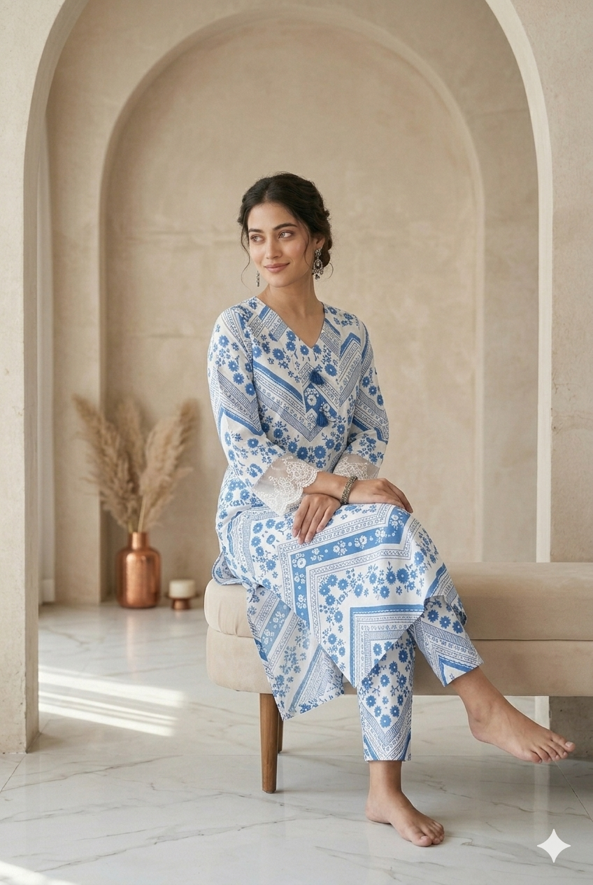 Elegant Blue and White Floral Printed Kurta Set with Lace Details - 2 Piece Co-Ord Set for Women