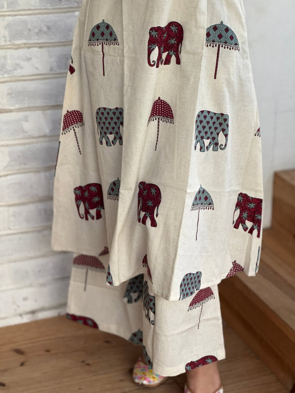 Off-White Cotton Elephant Print Sleeveless A-Line Kurta with Palazzo Set For Women