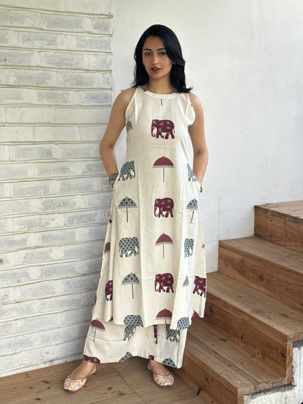 Off-White Cotton Elephant Print Sleeveless A-Line Kurta with Palazzo Set For Women