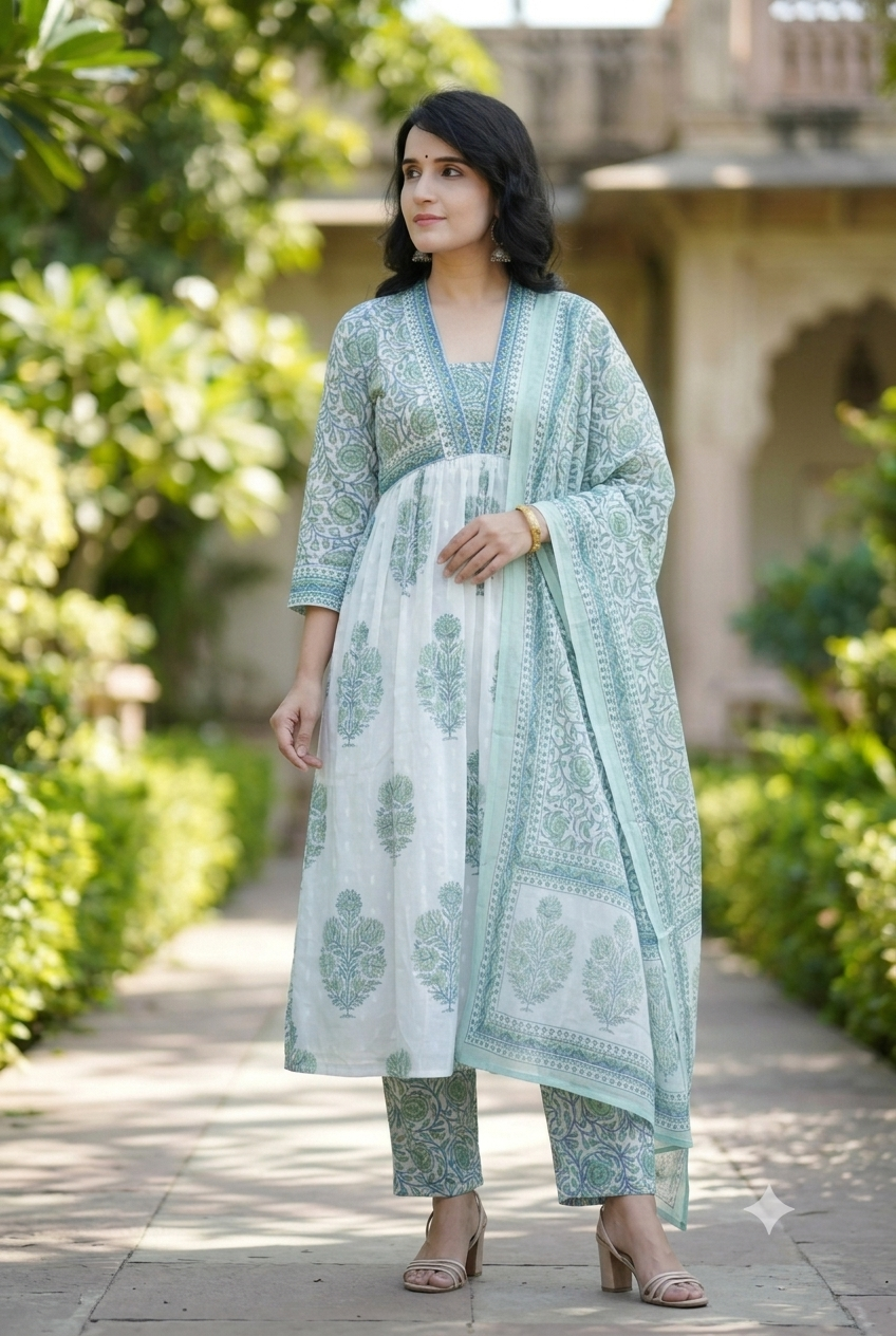 Elegant White & Mint Green Floral Printed Cotton Anarkali Kurta Set with Pant and Dupatta