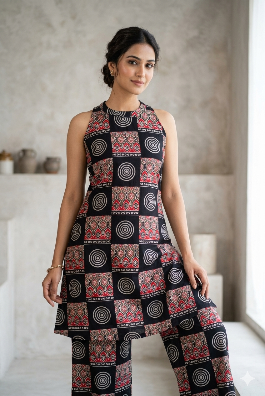 Women's Cotton Ajrakh Print Sleeveless Kurta and Palazzo Set - Black