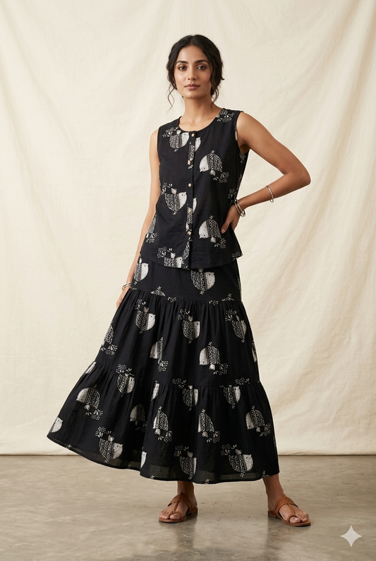 Midnight Block-Print Tiered Co-ord Set
