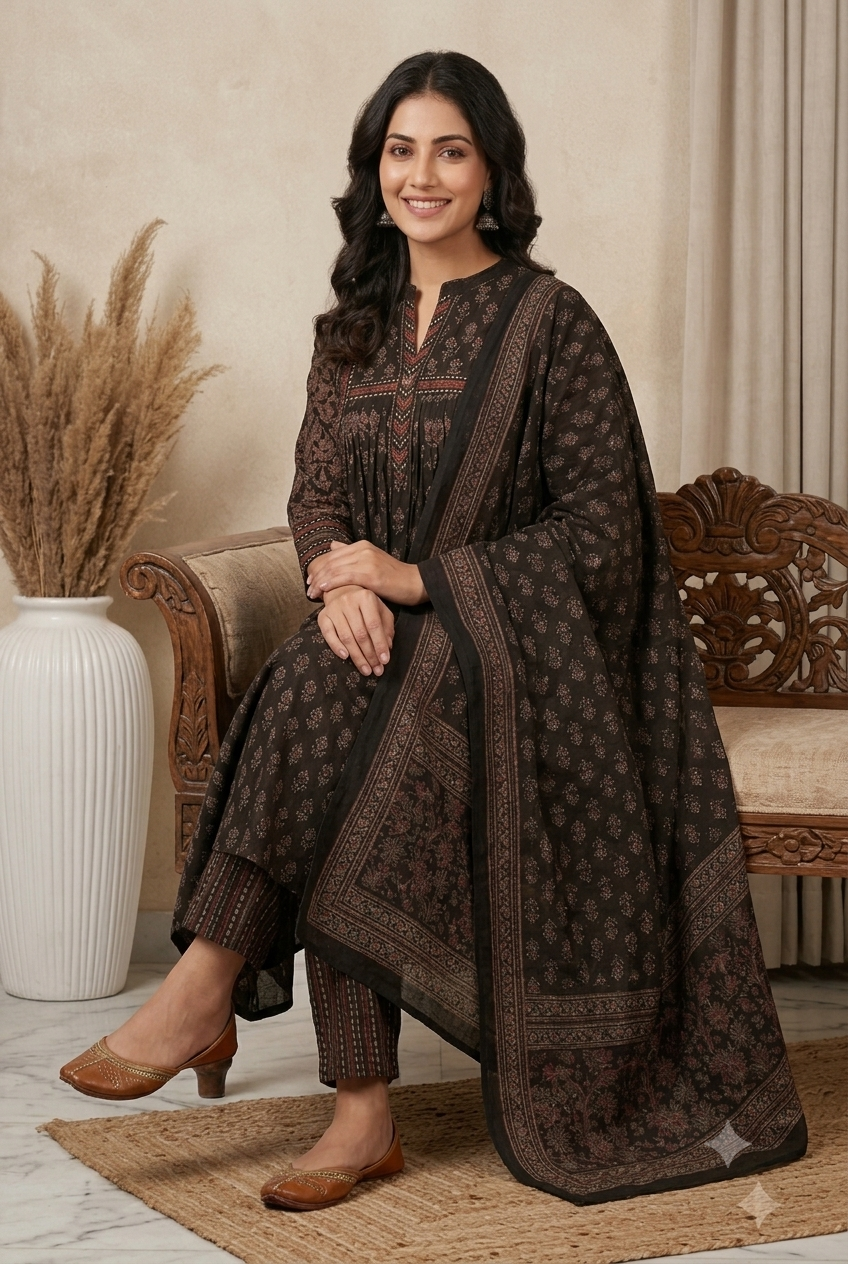 Elegant Charcoal Black Cotton Anarkali Suit Set with Traditional Floral Butis & Geometric Borders