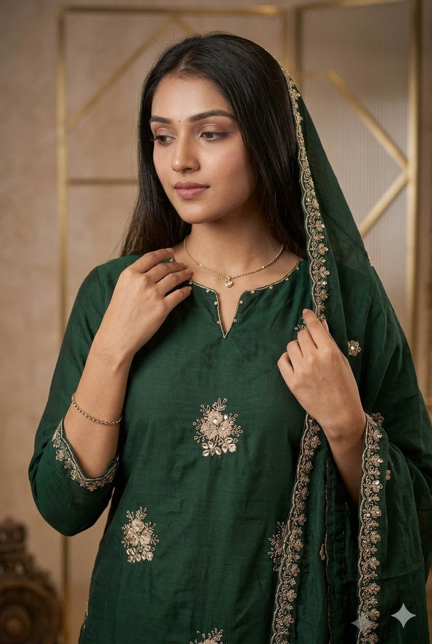 Regal Deep Green Silk Kurta Set with Zari Embroidery, Pant & Scalloped Dupatta