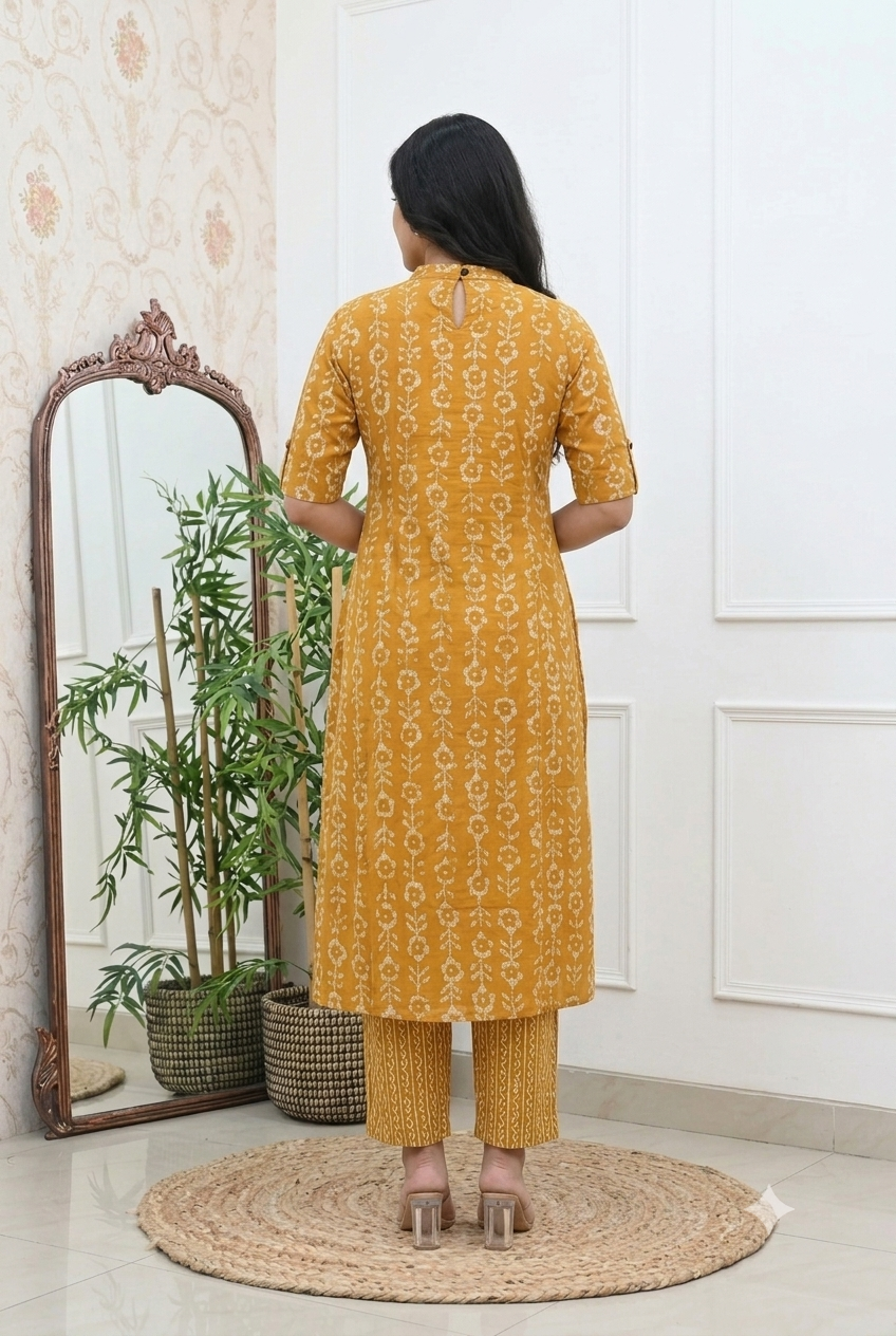 Mustard Yellow Cotton Printed Straight Kurta with Pant Set