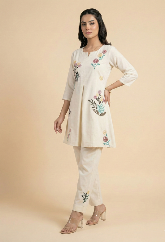 Off-White Cotton Floral & Bird Embroidery Cord-Set For Women