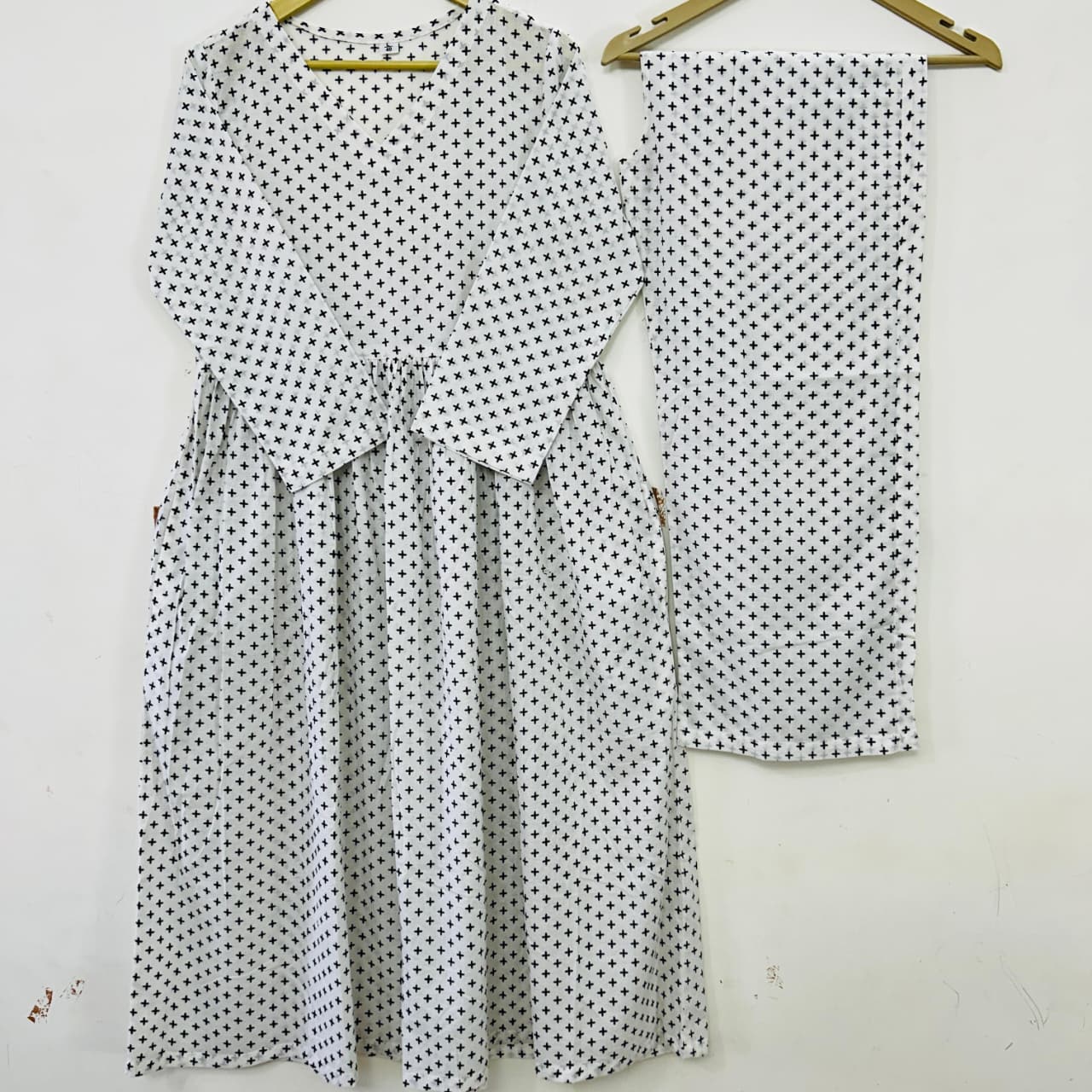 Beige Cotton Motif Print Kurta And Pant Set For Women