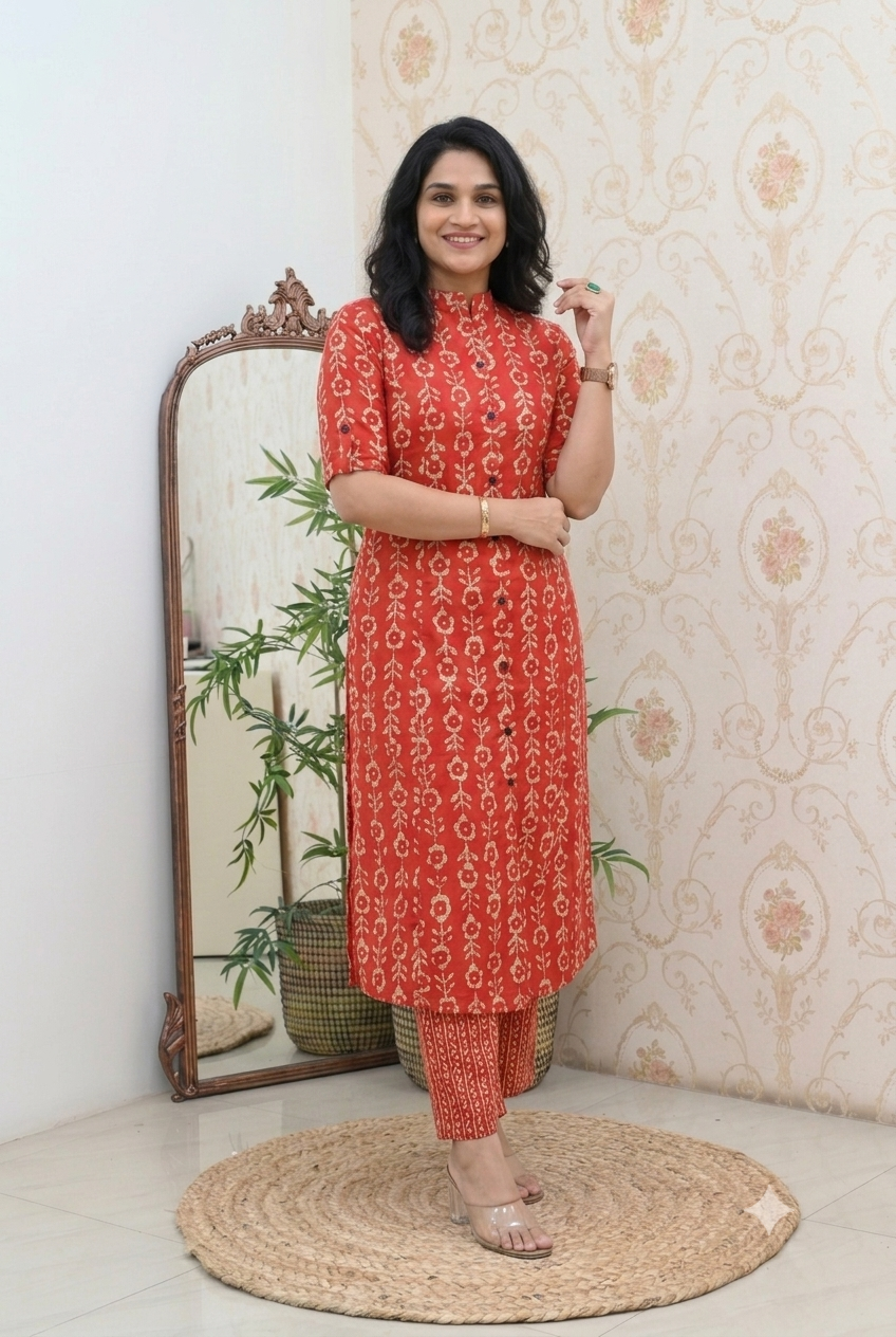 Red Cotton Printed Straight Kurta with Pant Set
