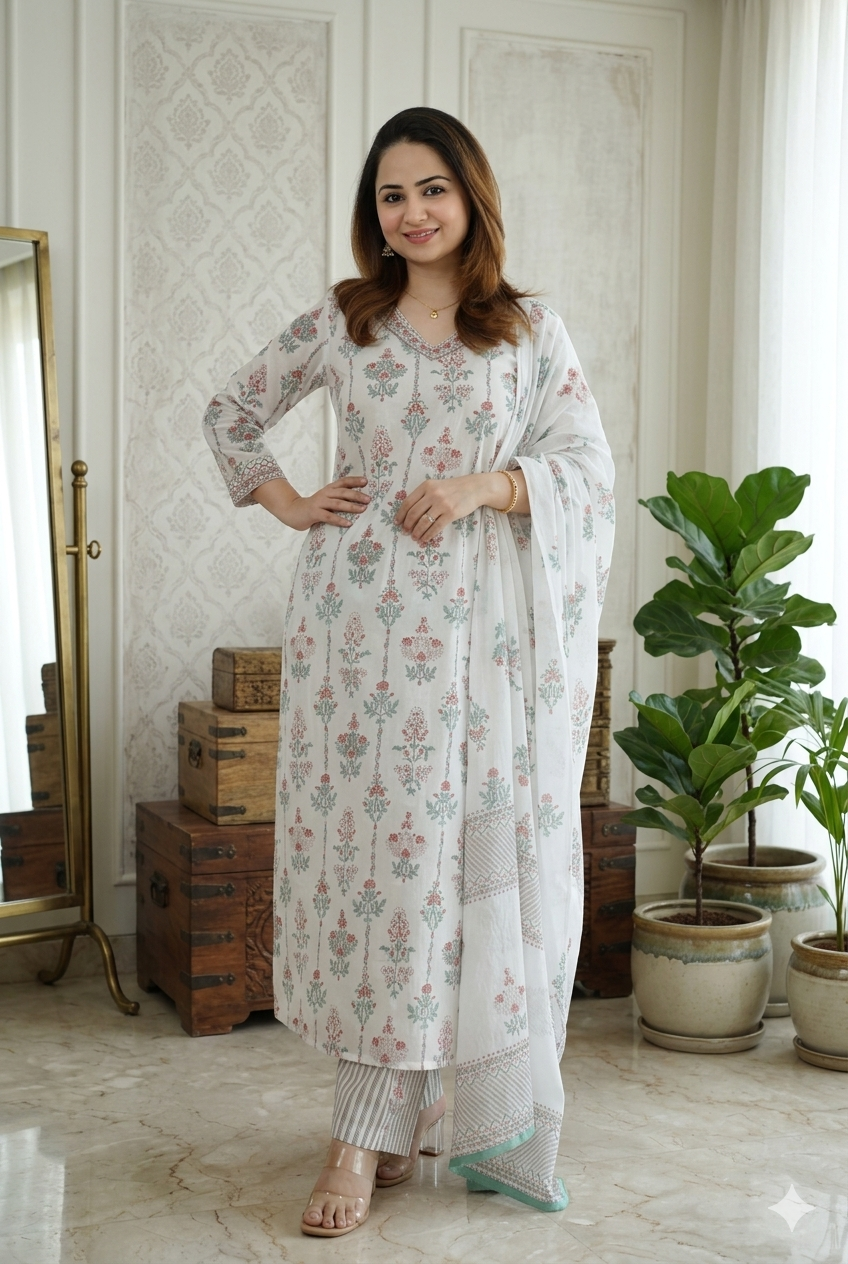 Off-White Cotton Kurta Set with Sage Green Floral Butis & Striped Pants