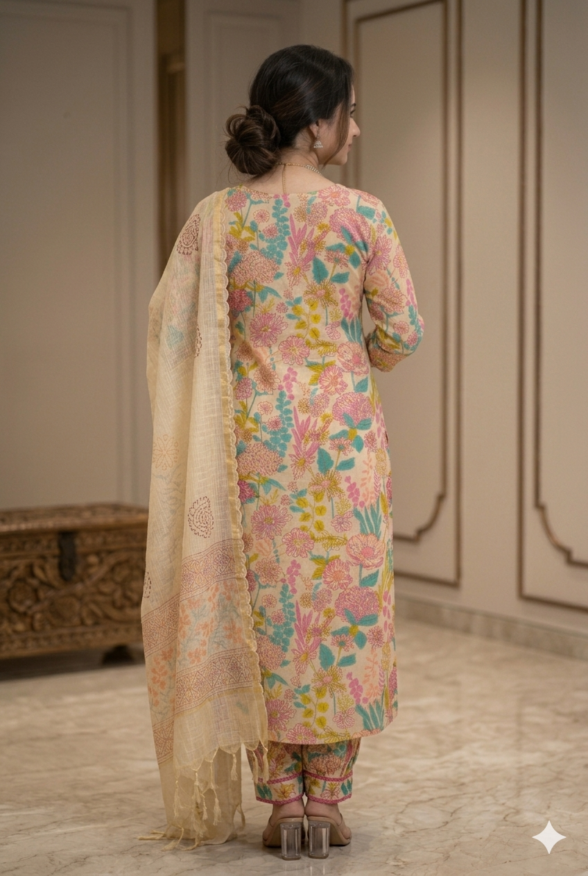 Floral Printed Cotton Kurta Set with Afghan Pants & Sheer Dupatta