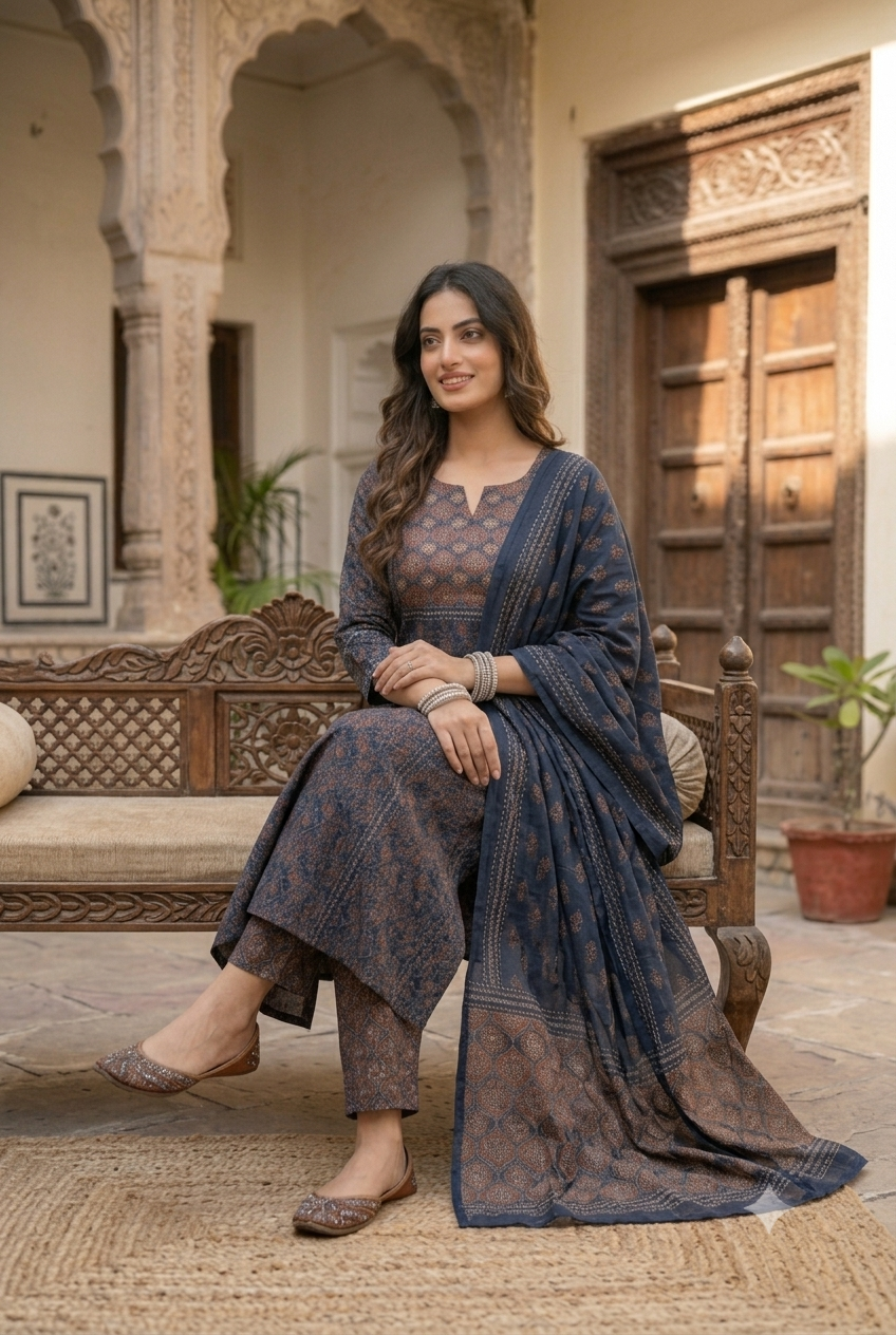 Classic Indigo Navy & Terracotta Block Print Cotton Suit Set with Embroidered Juttis & Bangles