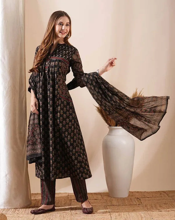 Dark Brown Cotton Floral Print Flared Kurta Pant with Dupatta Set For Women