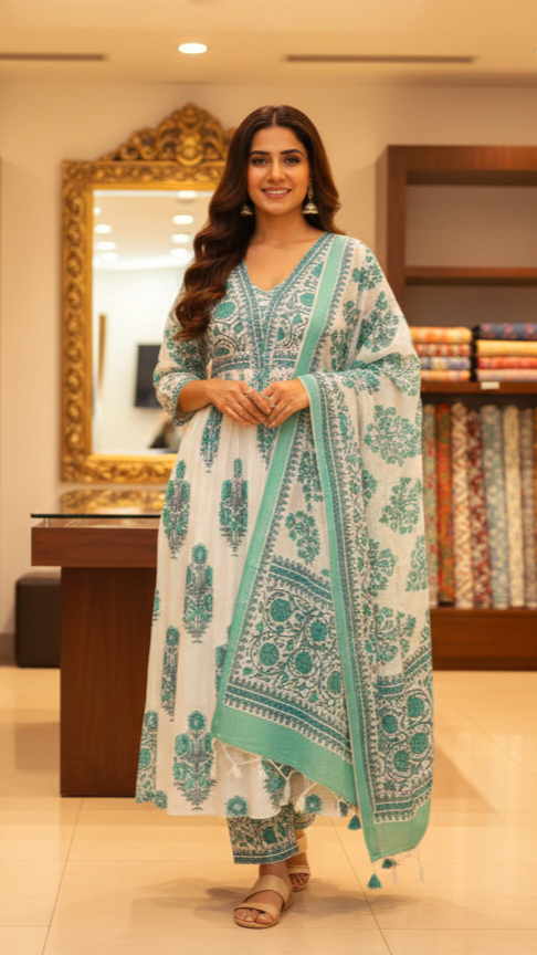 White & Teal Blue Floral Block Print Cotton Anarkali Suit Set with Dupatta For Women