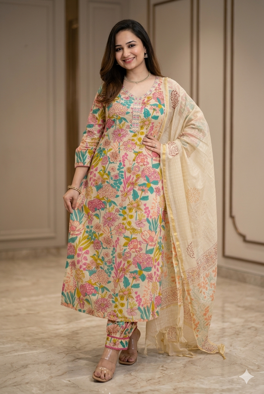 Floral Printed Cotton Kurta Set with Afghan Pants & Sheer Dupatta