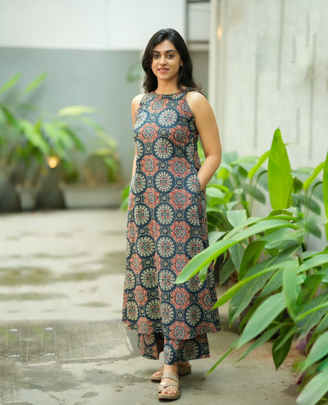 Elegant Dark Teal Mandana Block Print High-Low Kurta with Palazzo Set
